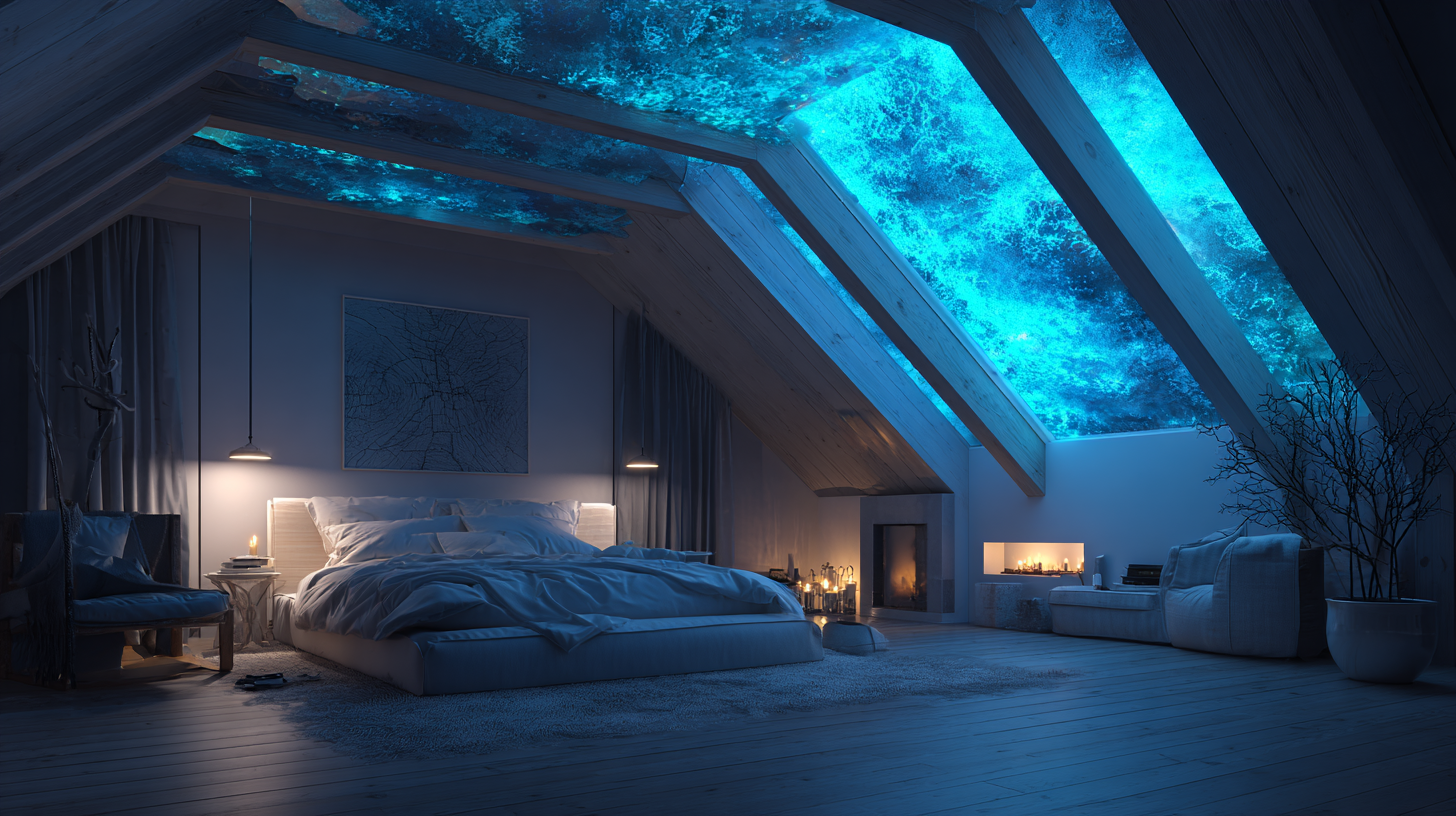 Schlafzimmer mit leuchtenden BioLumino-Kühlkassetten in der Decke, sanftes blaues Nachtlicht