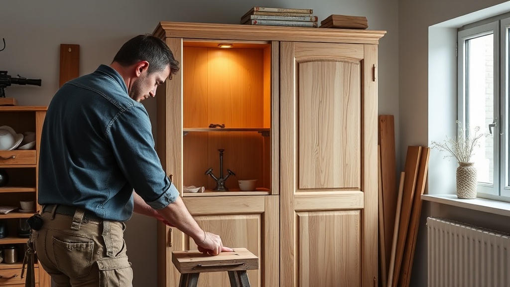 Handwerker misst eine Flurnische für einen Einbauschrank aus, mit Zollstock, Wasserwaage und Blick auf Altbau-Wandanschlüsse.