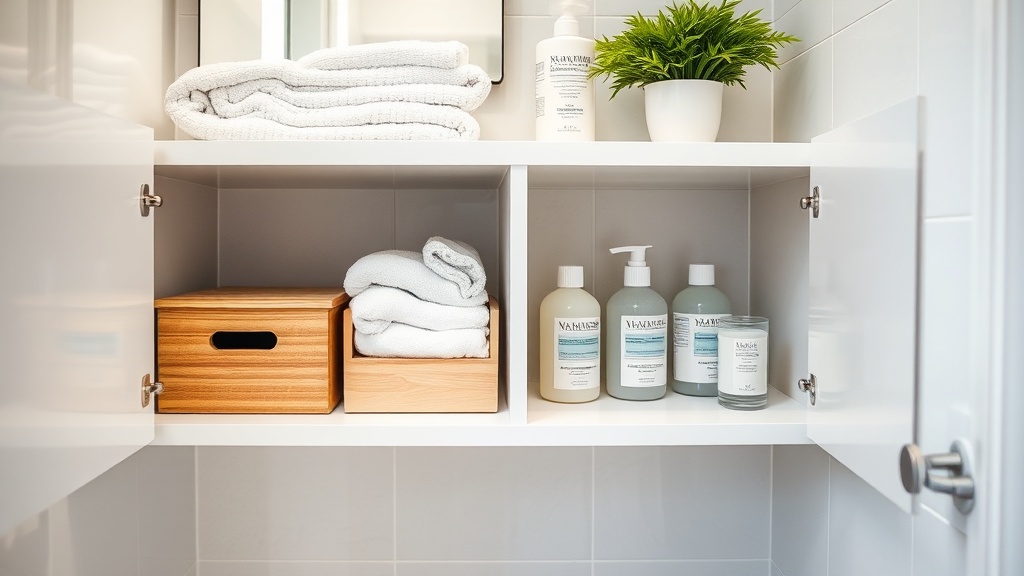 Geöffnete Badschubladen mit Boxen, Handtüchern und Pflegeprodukten als Ordnungsidee für Badmöbel im kleinen Badezimmer.