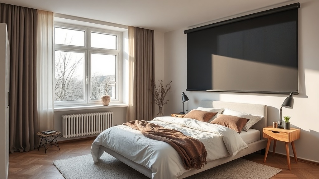 Modernes Schlafzimmer mit beigen Blackout-Vorhängen, hellem Bett und ruhiger Fensterzone als Beispiel für Schlafzimmer verdunkeln.