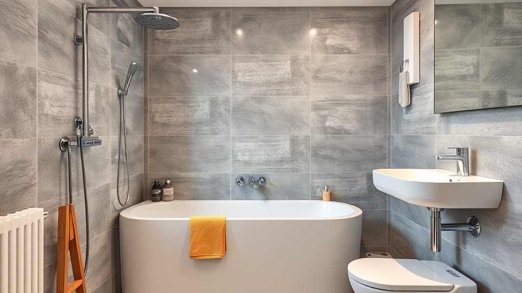 Nahaufnahme von grauen Fliesenfugen im Badezimmer mit Werkzeug und Schwamm, passend zu Zementfugen ausbessern und Badfugen Kosten