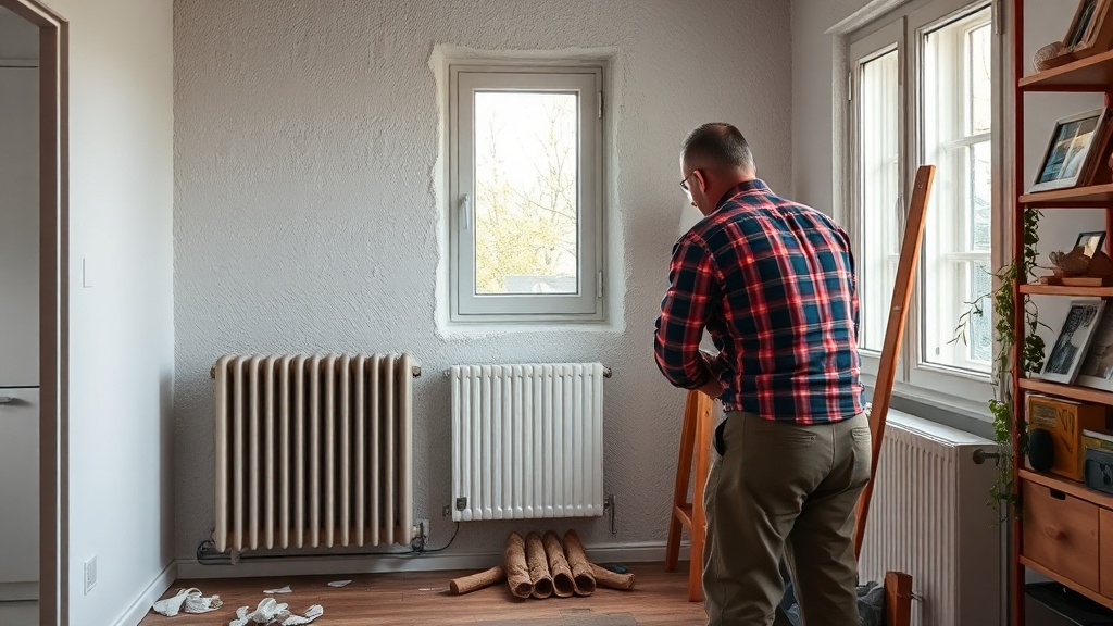 Handwerker misst eine kalte Außenwand hinter dem Heizkörper, passend zur Planung von Heizkörpernische dämmen und Innendämmung.
