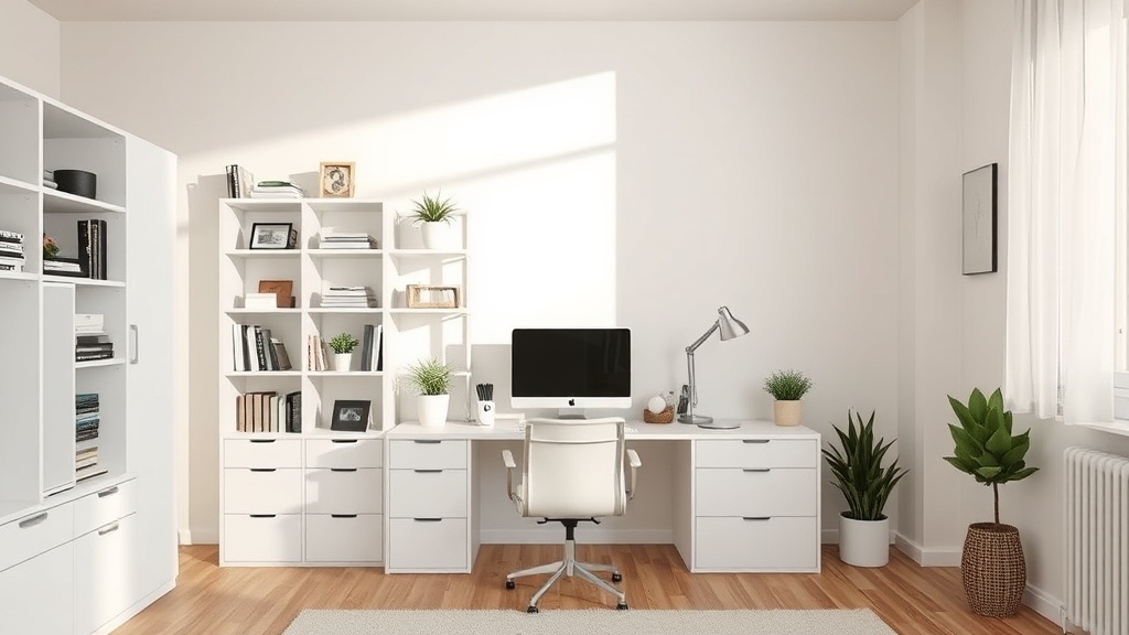 Helles Home Office mit weißem Wandregal an einer Gipskartonwand, sichere Regalbefestigung mit schlichter Ordnung und viel Stauraum.