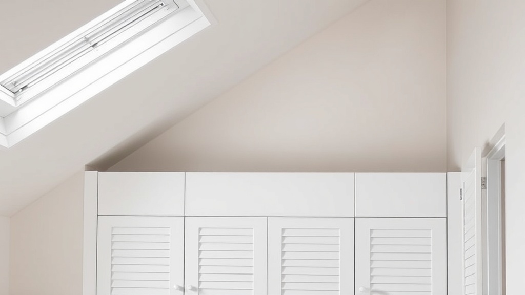 Detail einer Dachschräge mit passgenauem Einbauschrank, verstellbaren Böden und sauber ausgerichteten weißen Fronten.