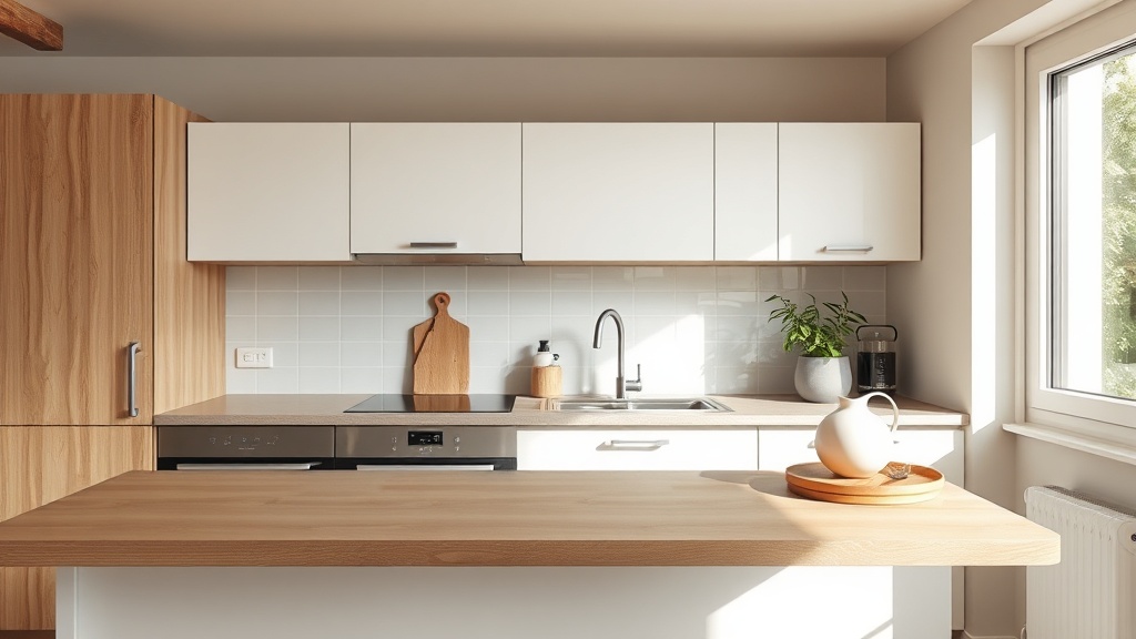 Moderne Mietwohnungsküche mit neuer Schichtstoff Arbeitsplatte, Spüle und hellem Holzdekor als Beispiel für Küchenarbeitsplatte austauschen.