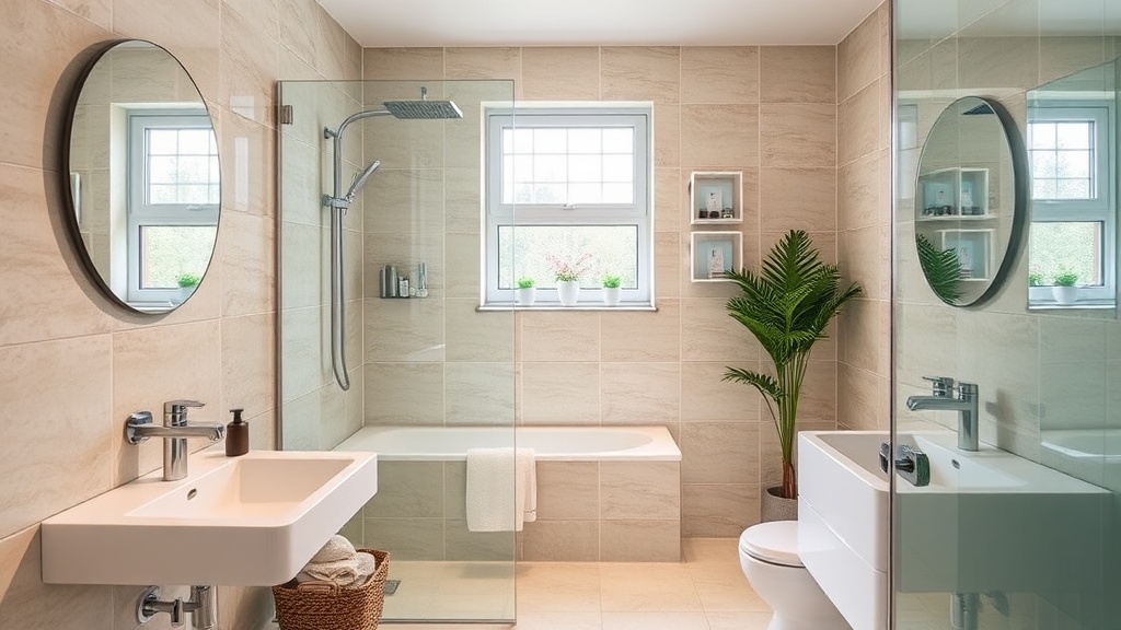 Moderne Glas Duschwand mit Abzieher und hellen Fliesen, praktische Pflege gegen Kalk im kleinen Badezimmer.