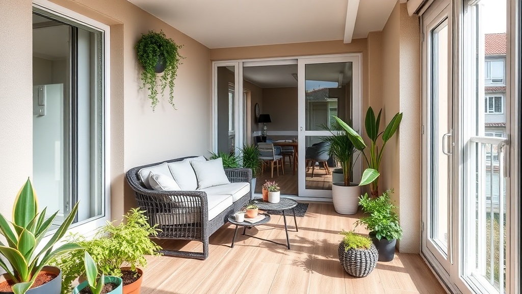 Kleiner Stadtbalkon mit hellen WPC-Klickfliesen, Pflanzen und Sitzgruppe als Beispiel für Balkonboden erneuern in der Mietwohnung.