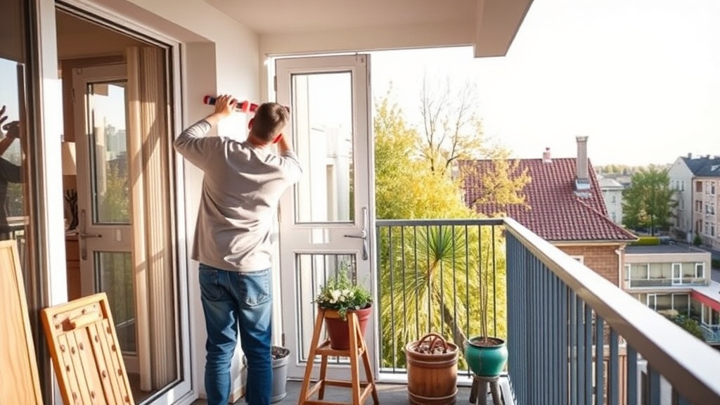 Handwerker misst die Türschwelle auf einem Balkon, bevor Holzfliesen oder WPC-Klickfliesen als Balkonbelag verlegt werden.